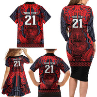Custom New Zealand Taiaha Maori Family Matching Long Sleeve Bodycon Dress and Hawaiian Shirt Whero Minimalist Silver Fern Tukutuku Motif