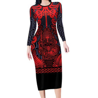 Custom New Zealand Taiaha Maori Family Matching Long Sleeve Bodycon Dress and Hawaiian Shirt Whero Minimalist Silver Fern Tukutuku Motif