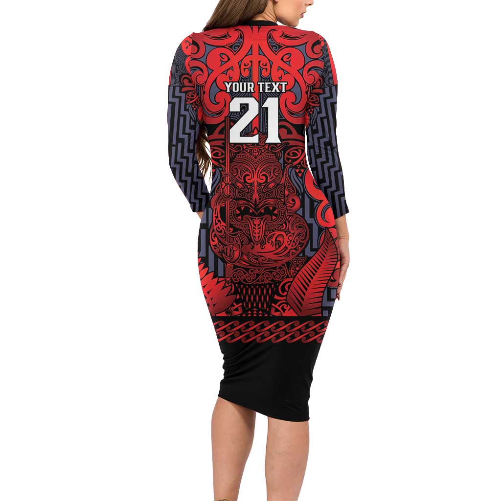 Custom New Zealand Taiaha Maori Family Matching Long Sleeve Bodycon Dress and Hawaiian Shirt Whero Minimalist Silver Fern Tukutuku Motif