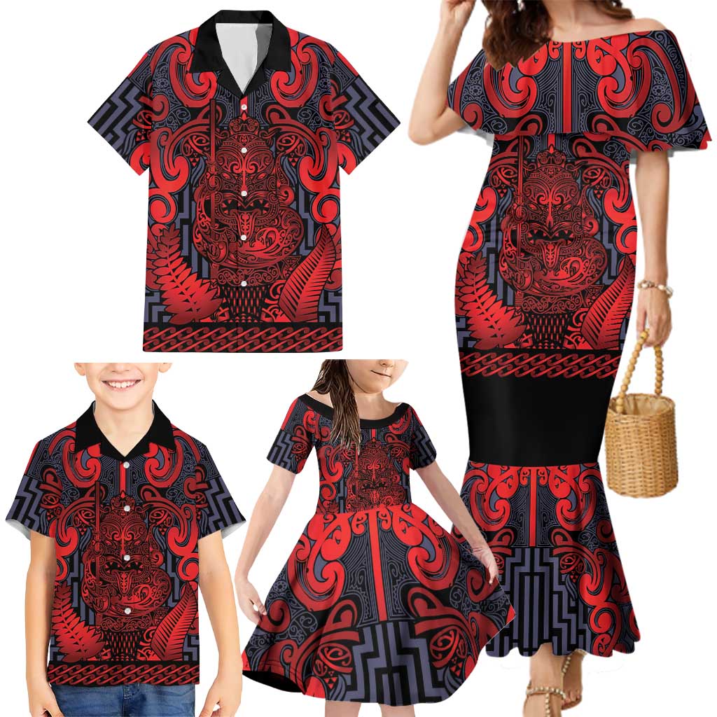 Custom New Zealand Taiaha Maori Family Matching Mermaid Dress and Hawaiian Shirt Whero Minimalist Silver Fern Tukutuku Motif