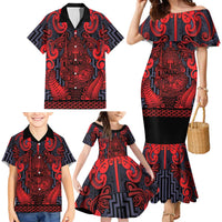 Custom New Zealand Taiaha Maori Family Matching Mermaid Dress and Hawaiian Shirt Whero Minimalist Silver Fern Tukutuku Motif