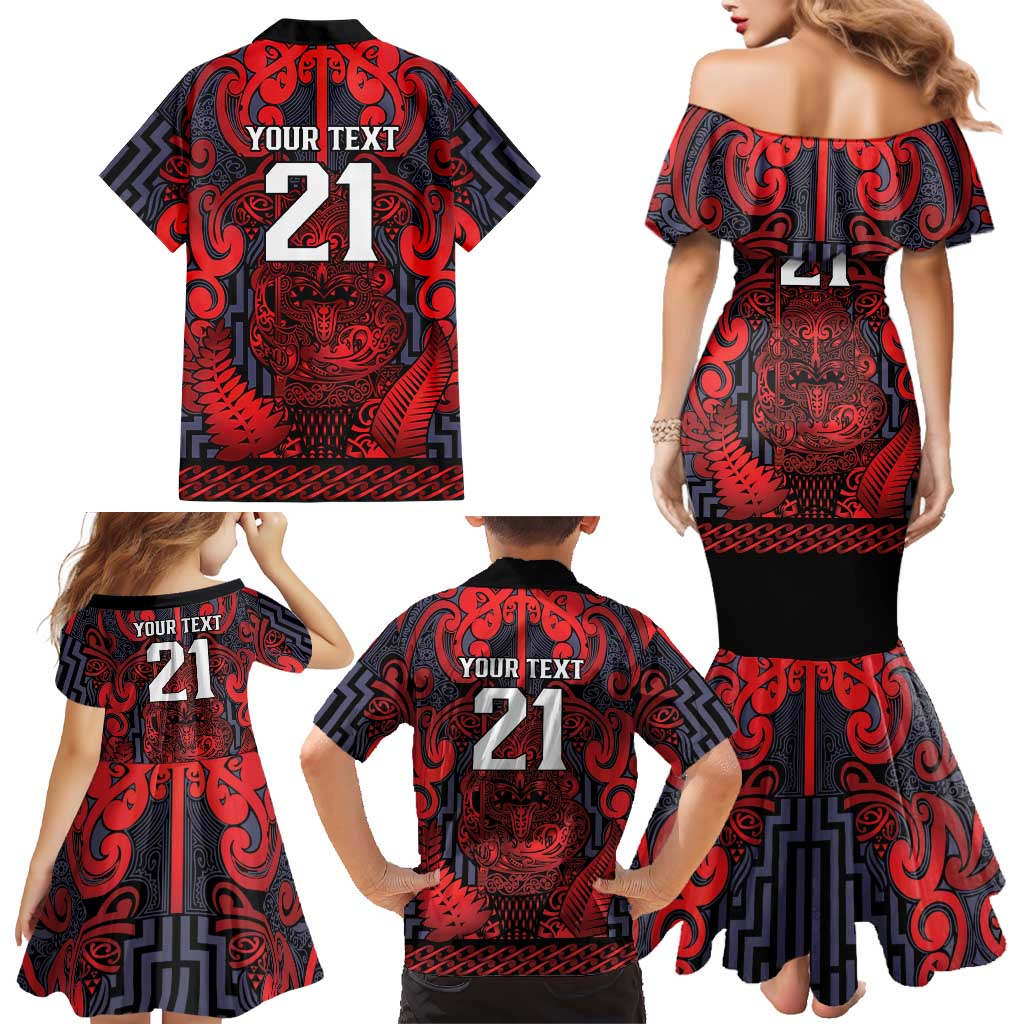 Custom New Zealand Taiaha Maori Family Matching Mermaid Dress and Hawaiian Shirt Whero Minimalist Silver Fern Tukutuku Motif
