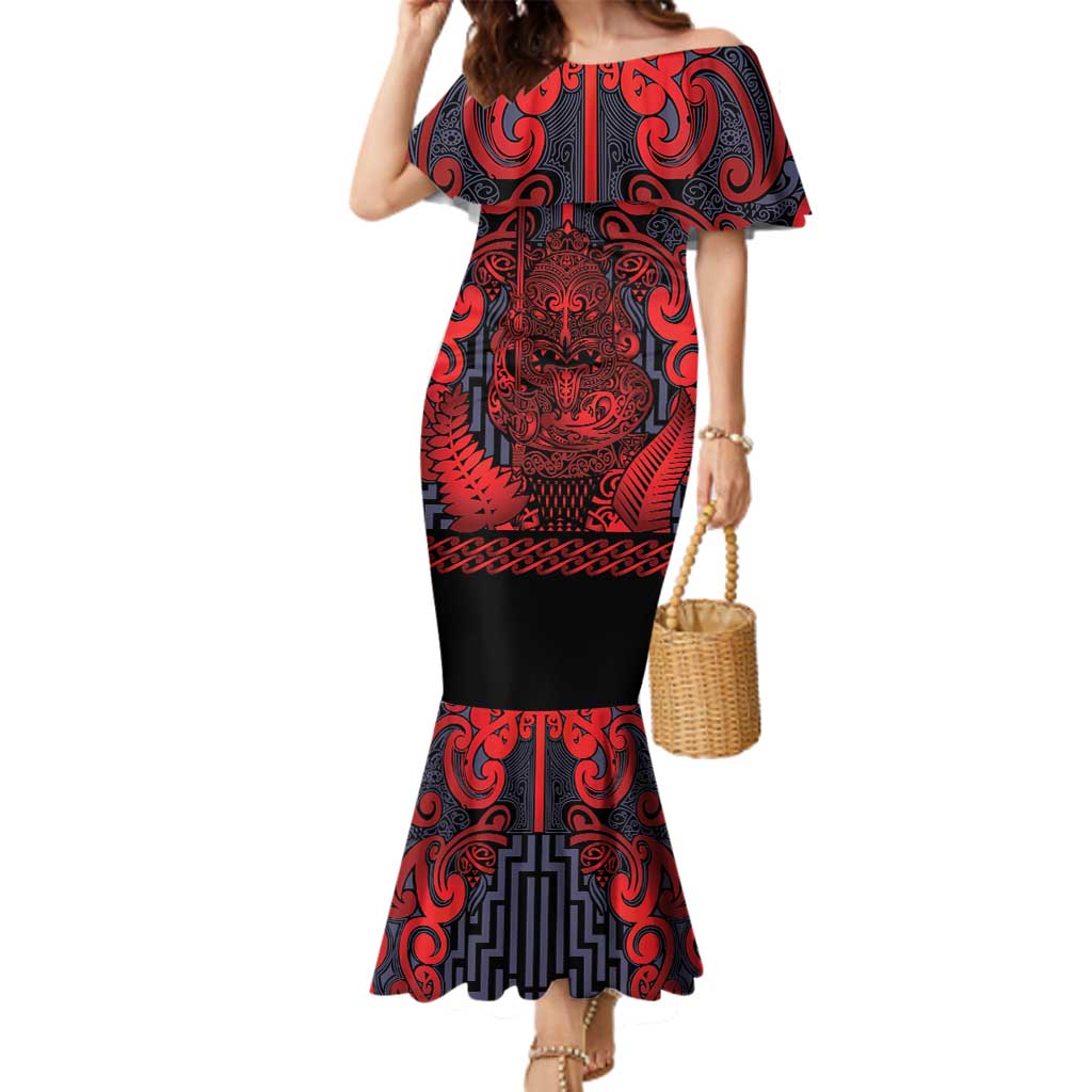 Custom New Zealand Taiaha Maori Family Matching Mermaid Dress and Hawaiian Shirt Whero Minimalist Silver Fern Tukutuku Motif