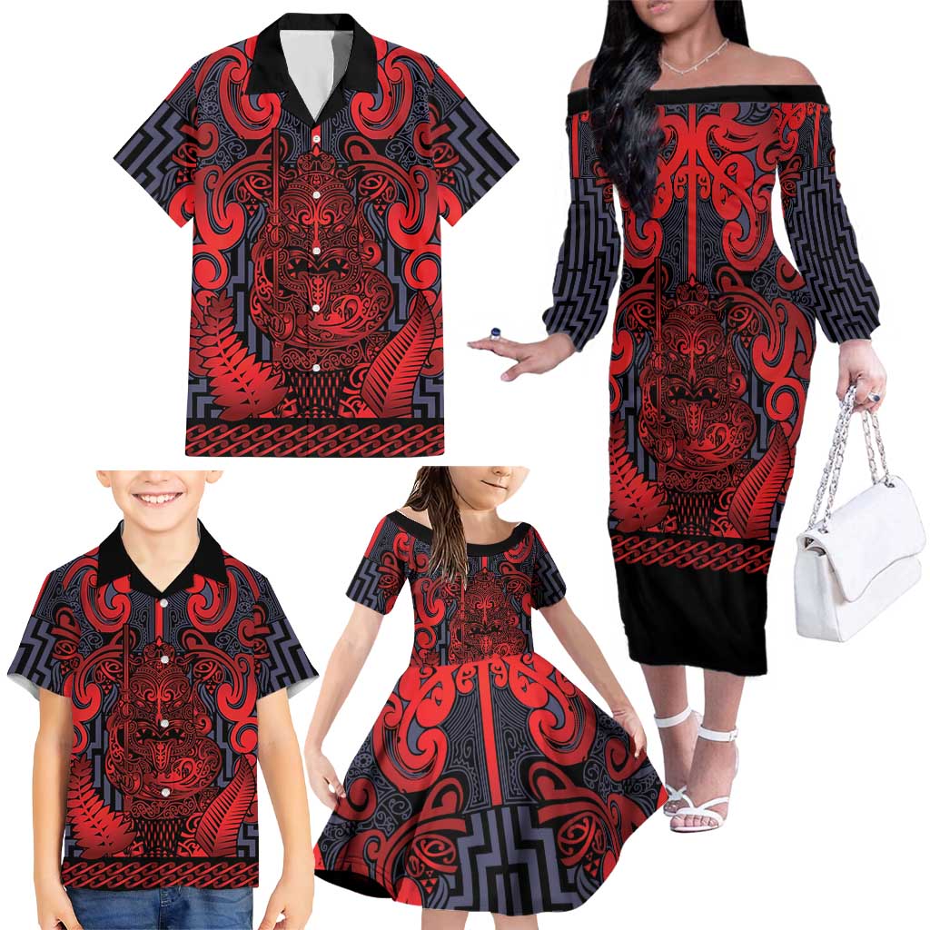 Custom New Zealand Taiaha Maori Family Matching Off The Shoulder Long Sleeve Dress and Hawaiian Shirt Whero Minimalist Silver Fern Tukutuku Motif