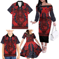 Custom New Zealand Taiaha Maori Family Matching Off The Shoulder Long Sleeve Dress and Hawaiian Shirt Whero Minimalist Silver Fern Tukutuku Motif