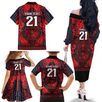 Custom New Zealand Taiaha Maori Family Matching Off The Shoulder Long Sleeve Dress and Hawaiian Shirt Whero Minimalist Silver Fern Tukutuku Motif