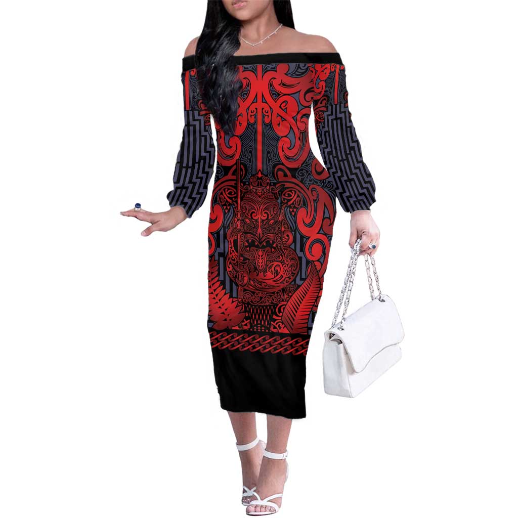 Custom New Zealand Taiaha Maori Family Matching Off The Shoulder Long Sleeve Dress and Hawaiian Shirt Whero Minimalist Silver Fern Tukutuku Motif