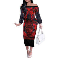 Custom New Zealand Taiaha Maori Family Matching Off The Shoulder Long Sleeve Dress and Hawaiian Shirt Whero Minimalist Silver Fern Tukutuku Motif