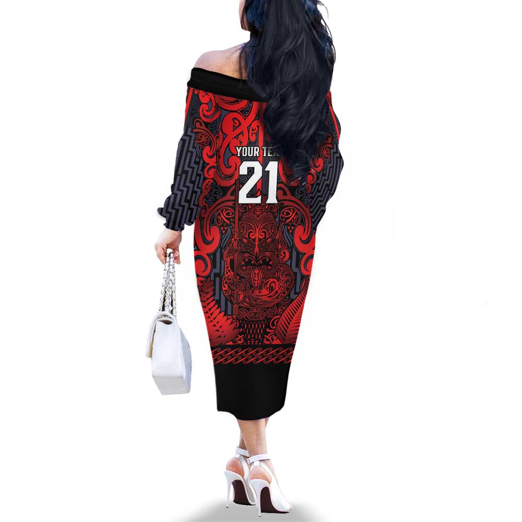Custom New Zealand Taiaha Maori Family Matching Off The Shoulder Long Sleeve Dress and Hawaiian Shirt Whero Minimalist Silver Fern Tukutuku Motif