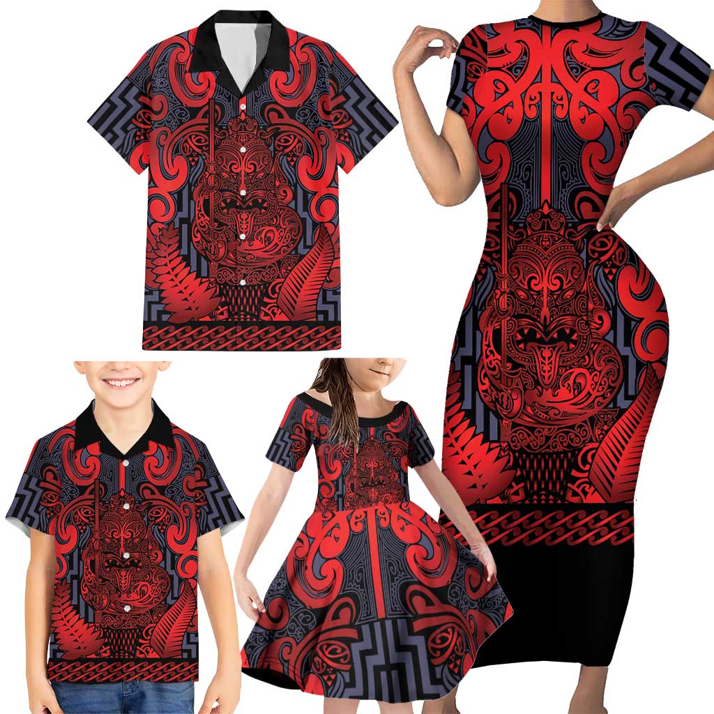 Custom New Zealand Taiaha Maori Family Matching Short Sleeve Bodycon Dress and Hawaiian Shirt Whero Minimalist Silver Fern Tukutuku Motif