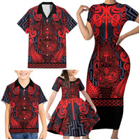 Custom New Zealand Taiaha Maori Family Matching Short Sleeve Bodycon Dress and Hawaiian Shirt Whero Minimalist Silver Fern Tukutuku Motif