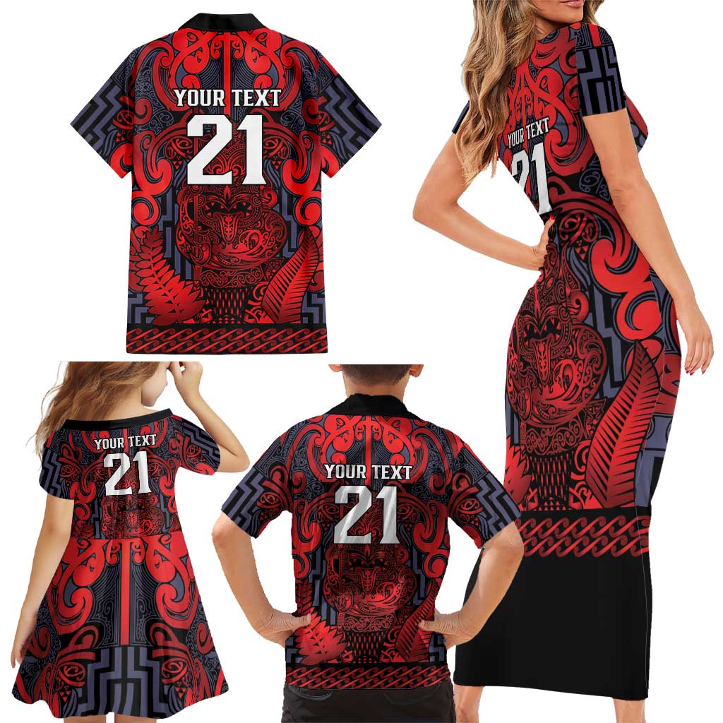 Custom New Zealand Taiaha Maori Family Matching Short Sleeve Bodycon Dress and Hawaiian Shirt Whero Minimalist Silver Fern Tukutuku Motif
