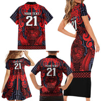 Custom New Zealand Taiaha Maori Family Matching Short Sleeve Bodycon Dress and Hawaiian Shirt Whero Minimalist Silver Fern Tukutuku Motif