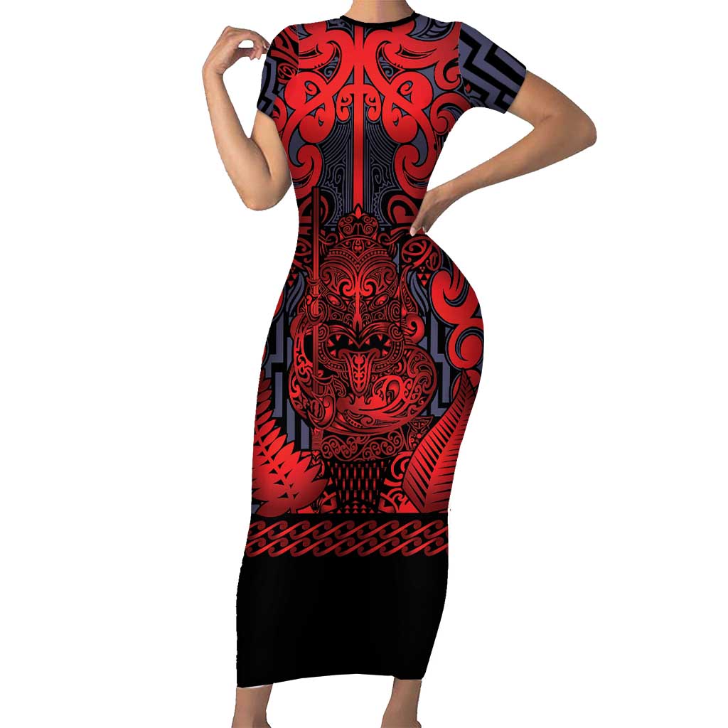 Custom New Zealand Taiaha Maori Family Matching Short Sleeve Bodycon Dress and Hawaiian Shirt Whero Minimalist Silver Fern Tukutuku Motif