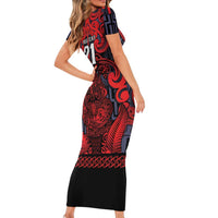 Custom New Zealand Taiaha Maori Family Matching Short Sleeve Bodycon Dress and Hawaiian Shirt Whero Minimalist Silver Fern Tukutuku Motif