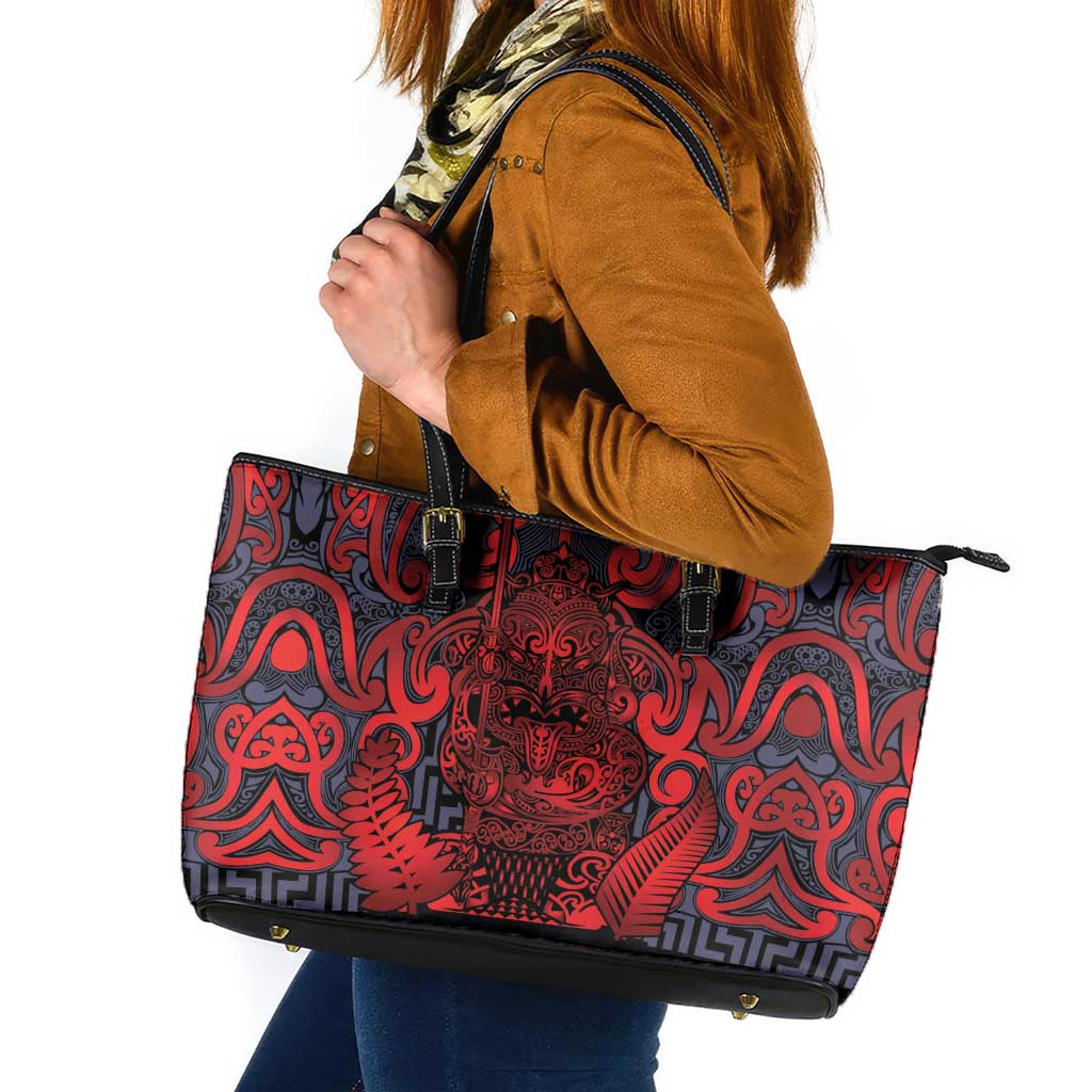 New Zealand Taiaha Maori Leather Tote Bag Whero Minimalist Silver Fern Tukutuku Motif