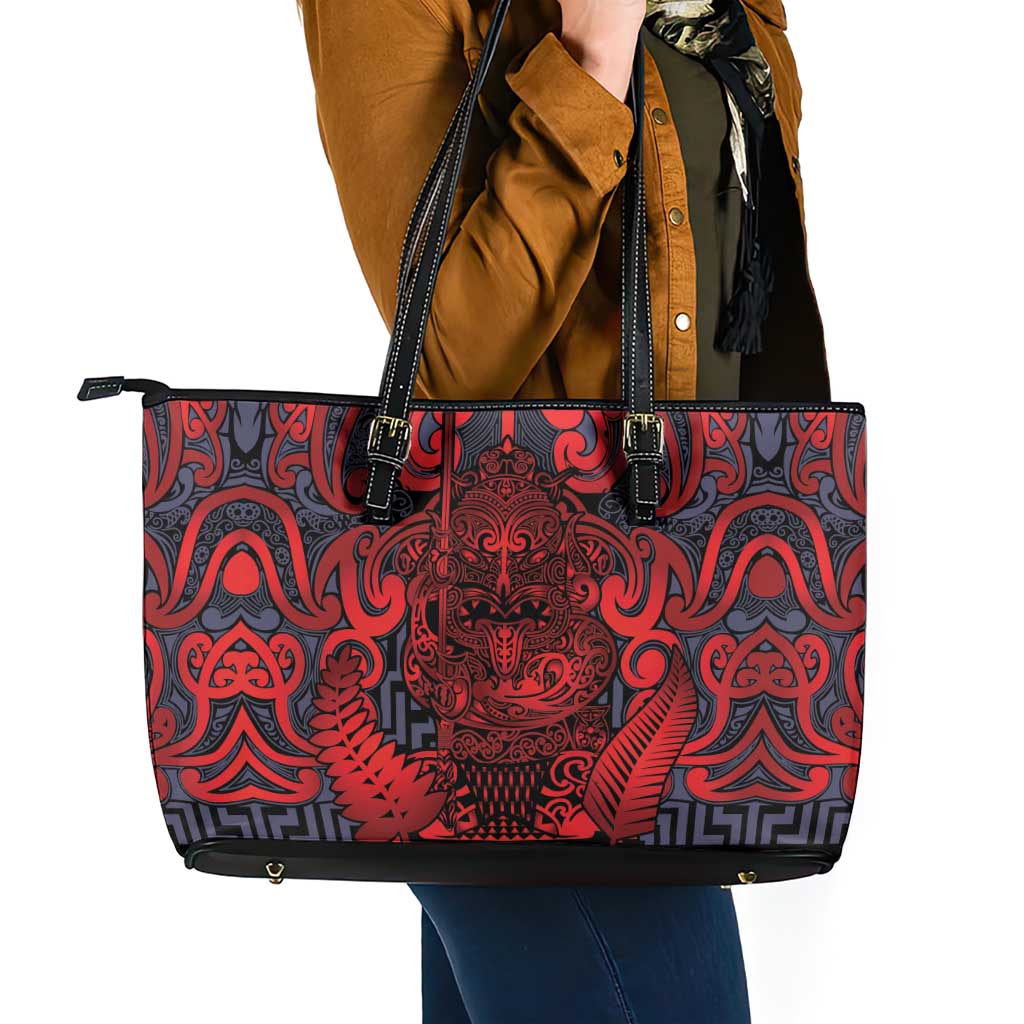 New Zealand Taiaha Maori Leather Tote Bag Whero Minimalist Silver Fern Tukutuku Motif