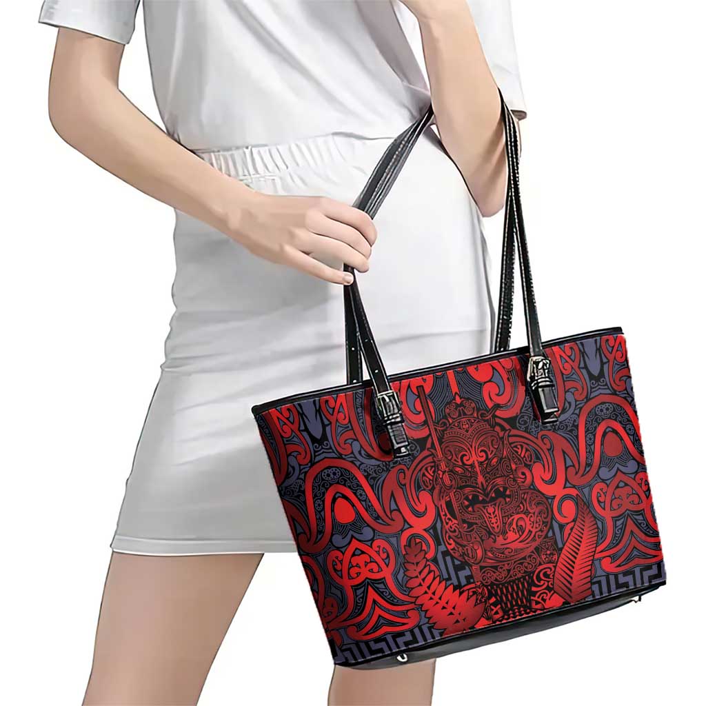 New Zealand Taiaha Maori Leather Tote Bag Whero Minimalist Silver Fern Tukutuku Motif