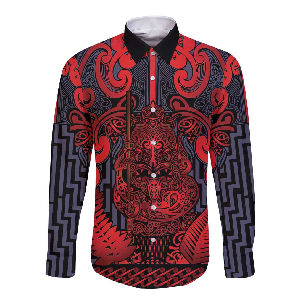 Custom New Zealand Taiaha Maori Long Sleeve Button Shirt Whero Minimalist Silver Fern Tukutuku Motif