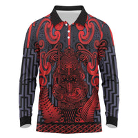 Custom New Zealand Taiaha Maori Long Sleeve Polo Shirt Whero Minimalist Silver Fern Tukutuku Motif
