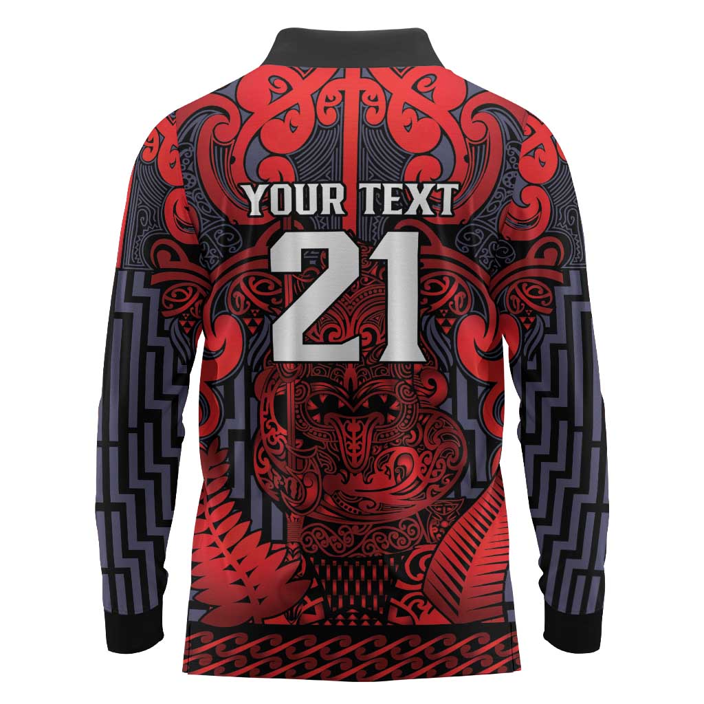 Custom New Zealand Taiaha Maori Long Sleeve Polo Shirt Whero Minimalist Silver Fern Tukutuku Motif