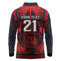 Custom New Zealand Taiaha Maori Long Sleeve Polo Shirt Whero Minimalist Silver Fern Tukutuku Motif