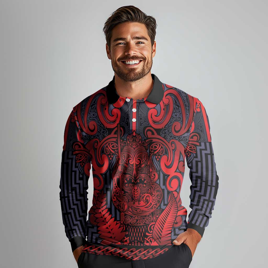 Custom New Zealand Taiaha Maori Long Sleeve Polo Shirt Whero Minimalist Silver Fern Tukutuku Motif