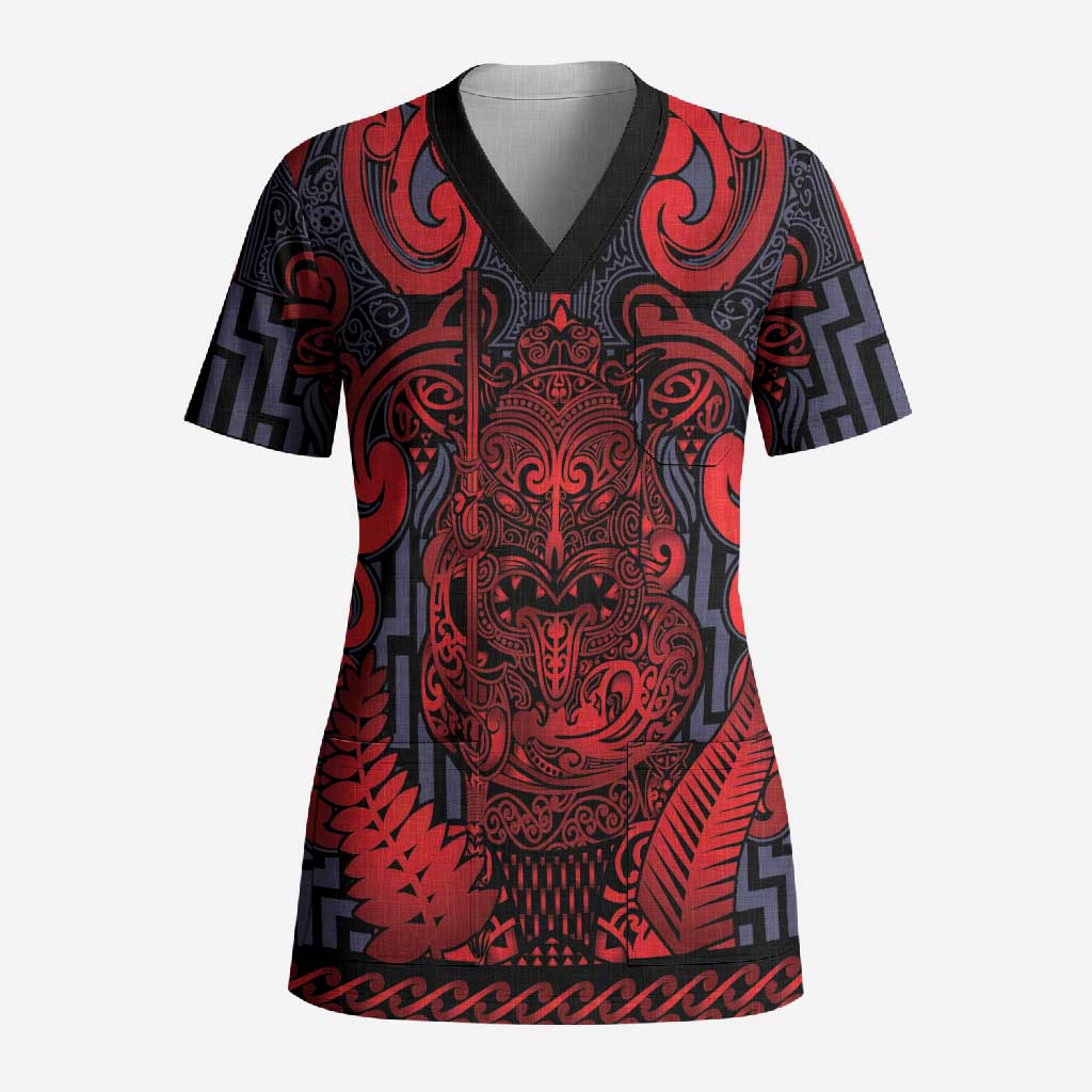 Custom New Zealand Taiaha Maori Scrub Top Whero Minimalist Silver Fern Tukutuku Motif