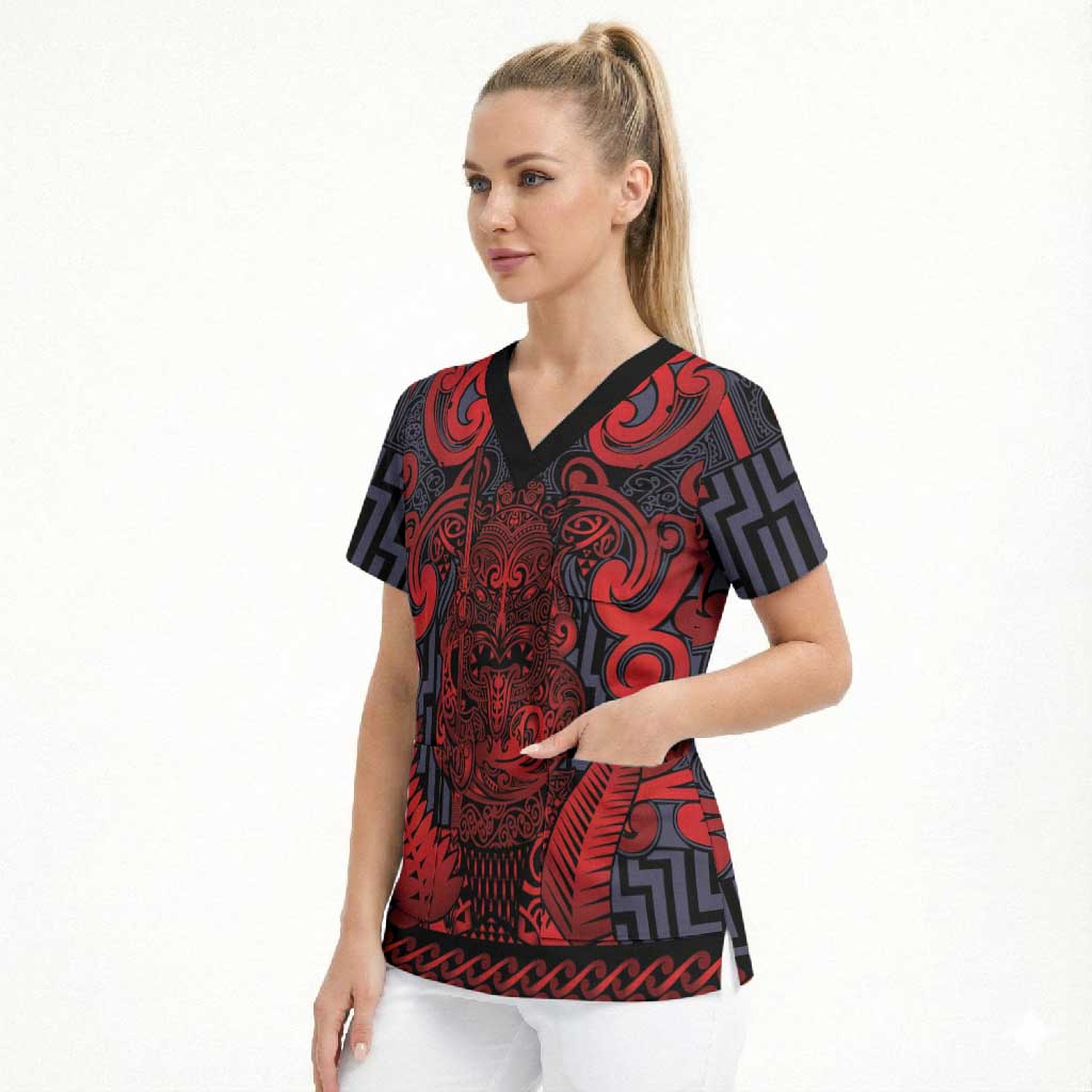 Custom New Zealand Taiaha Maori Scrub Top Whero Minimalist Silver Fern Tukutuku Motif