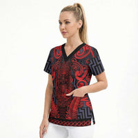 Custom New Zealand Taiaha Maori Scrub Top Whero Minimalist Silver Fern Tukutuku Motif
