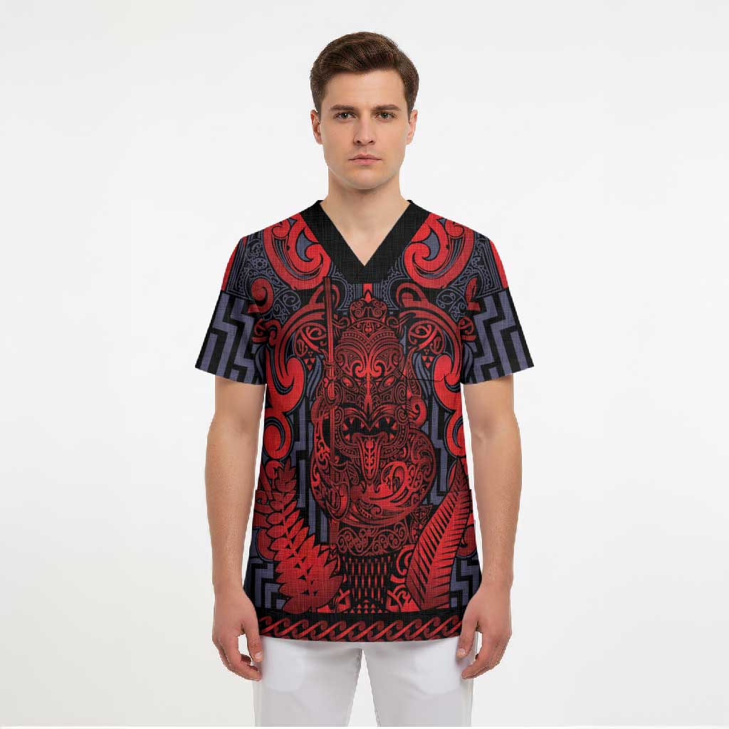 Custom New Zealand Taiaha Maori Scrub Top Whero Minimalist Silver Fern Tukutuku Motif