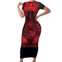Custom New Zealand Taiaha Maori Short Sleeve Bodycon Dress Whero Minimalist Silver Fern Tukutuku Motif