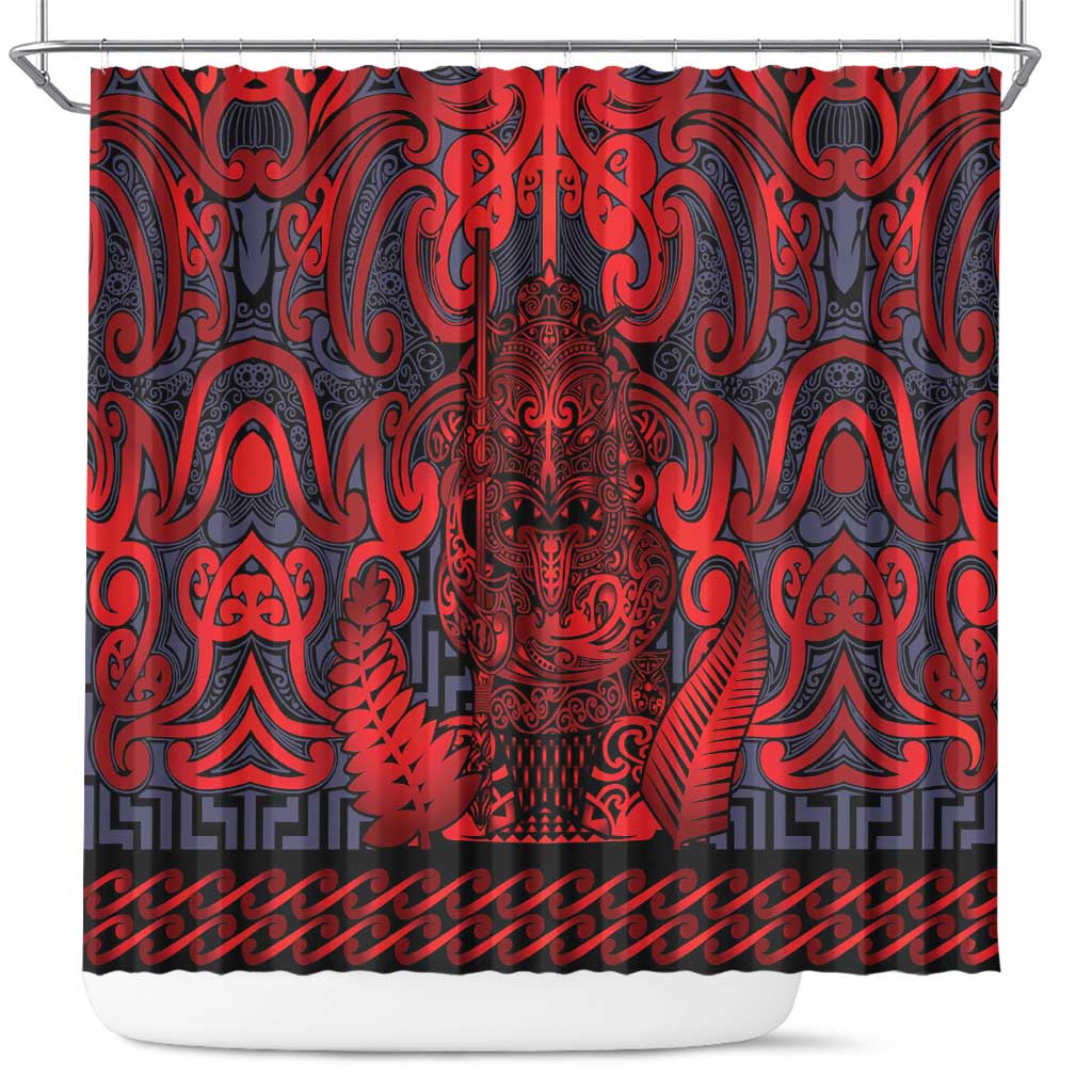 New Zealand Taiaha Maori Shower Curtain Whero Minimalist Silver Fern Tukutuku Motif