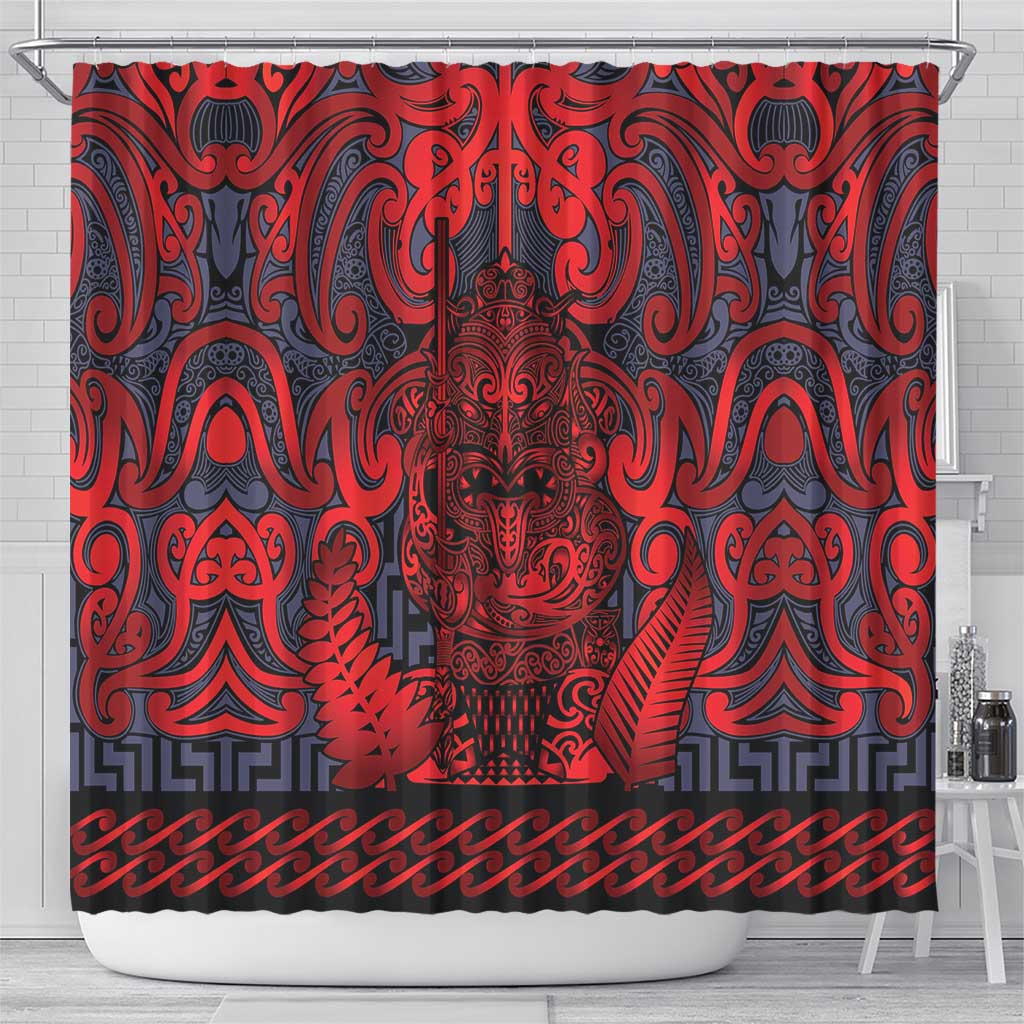 New Zealand Taiaha Maori Shower Curtain Whero Minimalist Silver Fern Tukutuku Motif