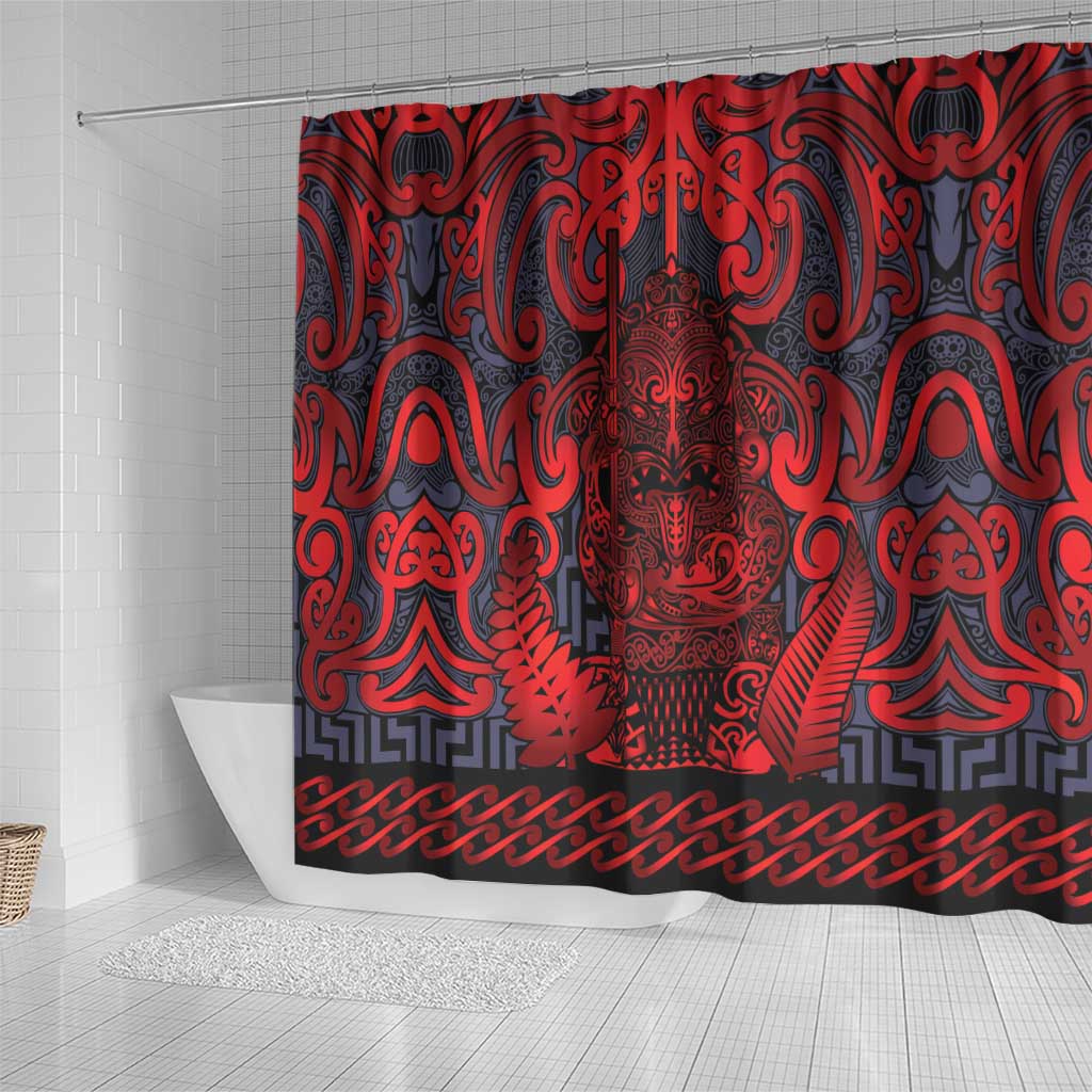 New Zealand Taiaha Maori Shower Curtain Whero Minimalist Silver Fern Tukutuku Motif