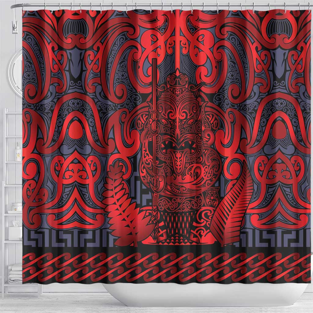 New Zealand Taiaha Maori Shower Curtain Whero Minimalist Silver Fern Tukutuku Motif