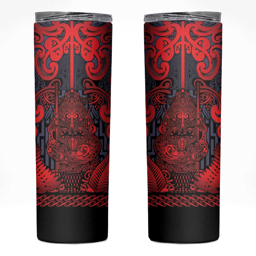 Custom New Zealand Taiaha Maori Skinny Tumbler Whero Minimalist Silver Fern Tukutuku Motif