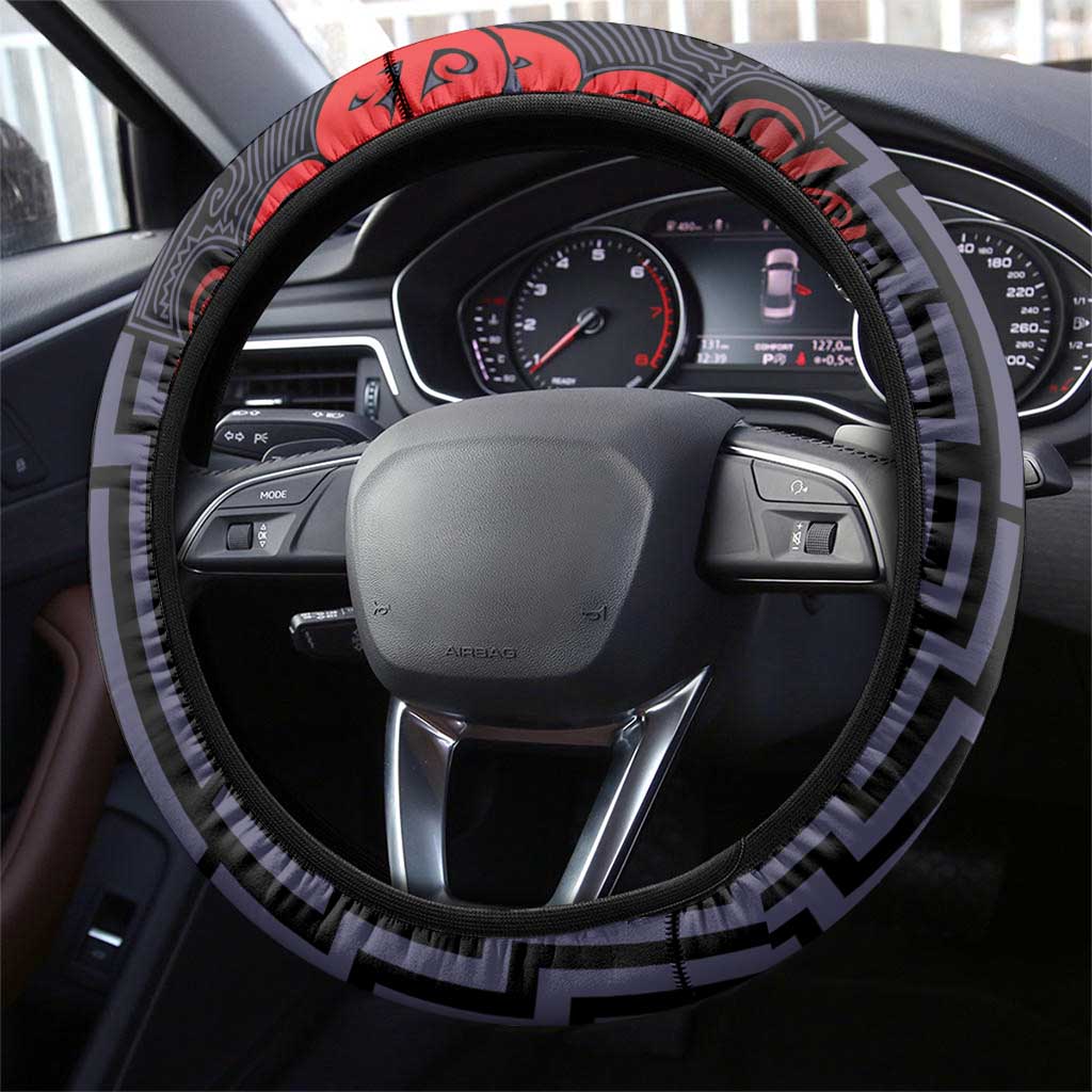 New Zealand Taiaha Maori Steering Wheel Cover Whero Minimalist Silver Fern Tukutuku Motif