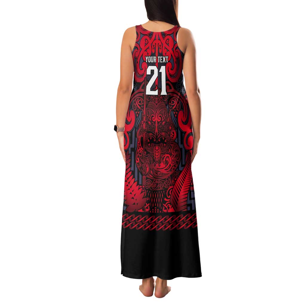 Custom New Zealand Taiaha Maori Tank Maxi Dress Whero Minimalist Silver Fern Tukutuku Motif LT9 - Polynesian Pride