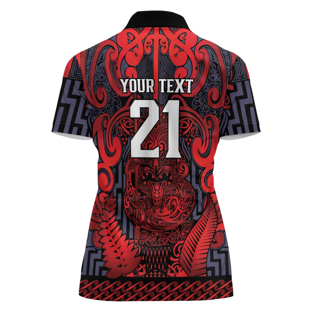 Custom New Zealand Taiaha Maori Women Polo Shirt Whero Minimalist Silver Fern Tukutuku Motif