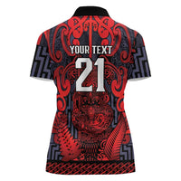 Custom New Zealand Taiaha Maori Women Polo Shirt Whero Minimalist Silver Fern Tukutuku Motif