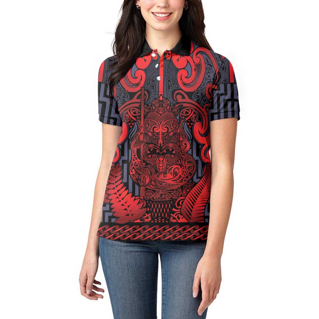 Custom New Zealand Taiaha Maori Women Polo Shirt Whero Minimalist Silver Fern Tukutuku Motif