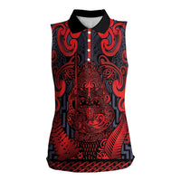Custom New Zealand Taiaha Maori Women Sleeveless Polo Shirt Whero Minimalist Silver Fern Tukutuku Motif