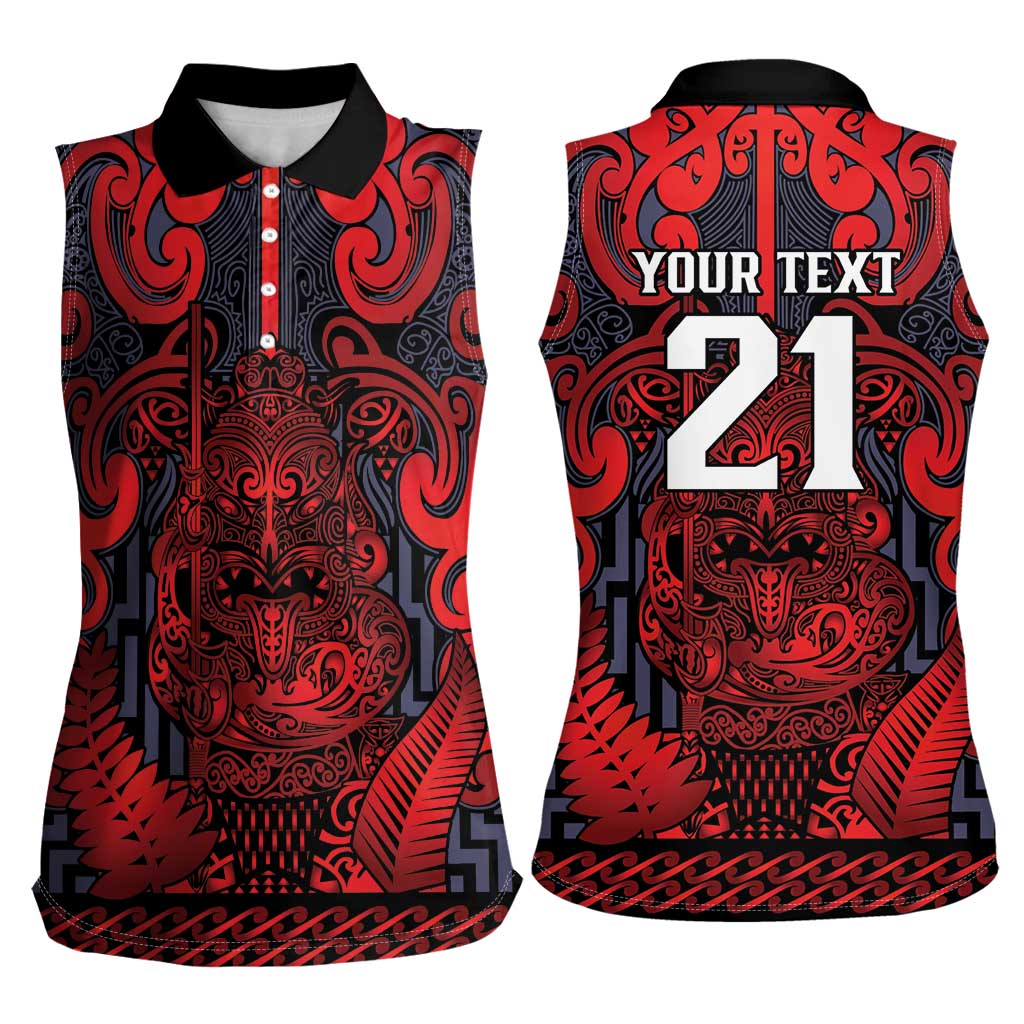 Custom New Zealand Taiaha Maori Women Sleeveless Polo Shirt Whero Minimalist Silver Fern Tukutuku Motif