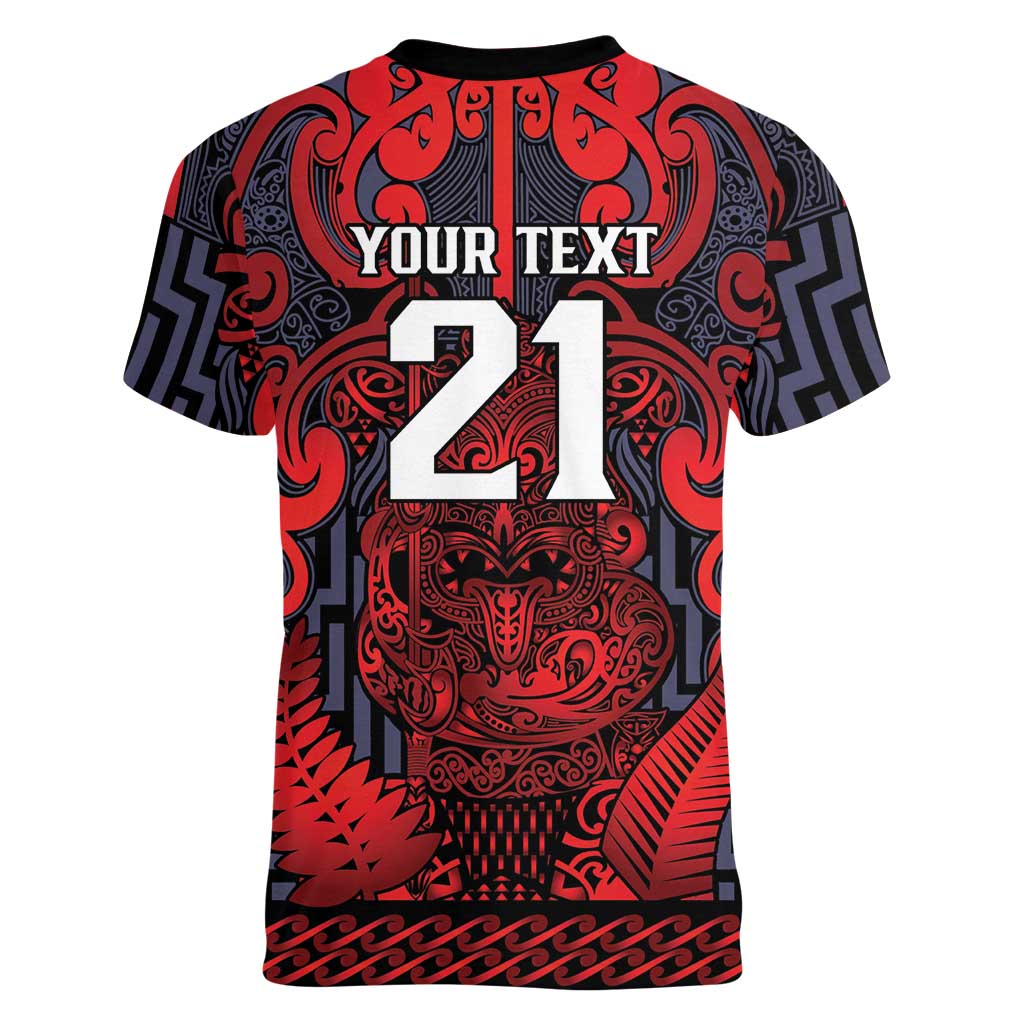 Custom New Zealand Taiaha Maori Women V-Neck T-Shirt Whero Minimalist Silver Fern Tukutuku Motif