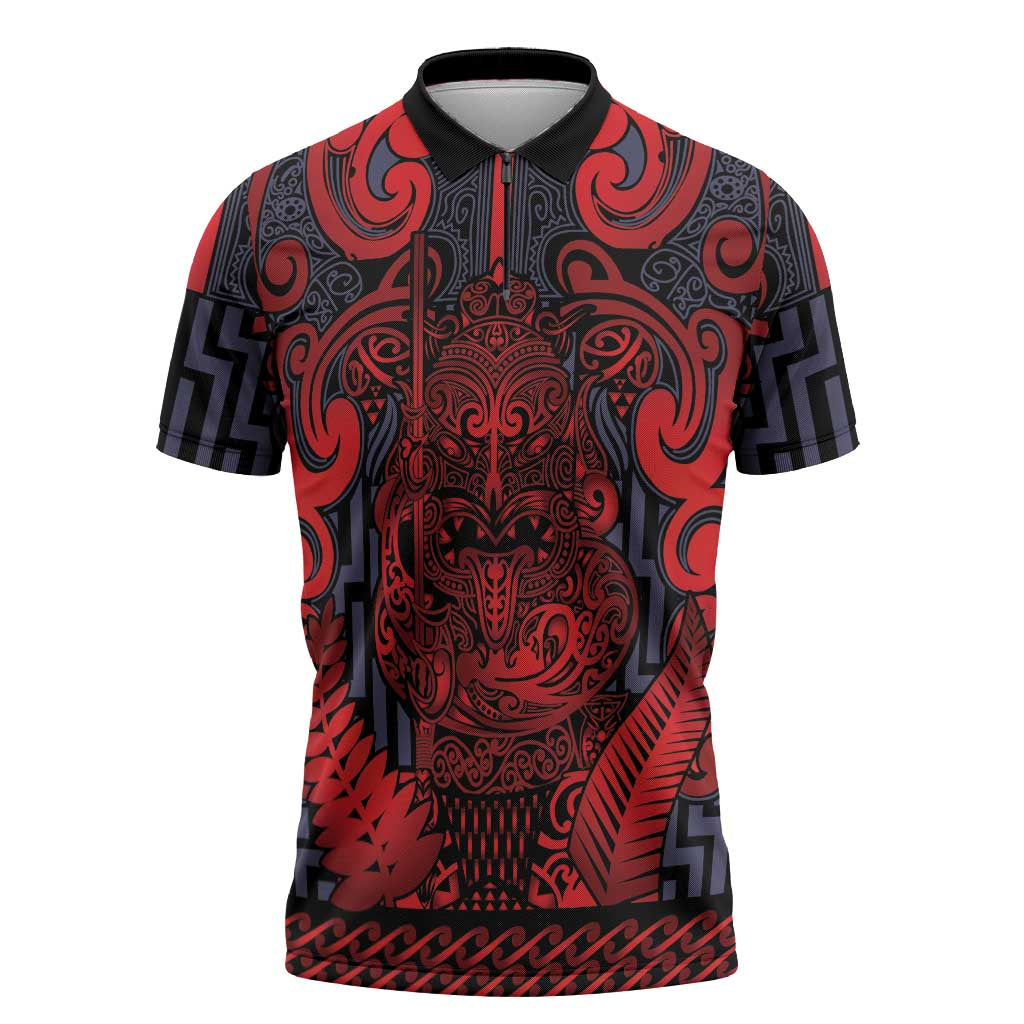 Custom New Zealand Taiaha Maori Zipper Polo Shirt Whero Minimalist Silver Fern Tukutuku Motif