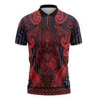 Custom New Zealand Taiaha Maori Zipper Polo Shirt Whero Minimalist Silver Fern Tukutuku Motif