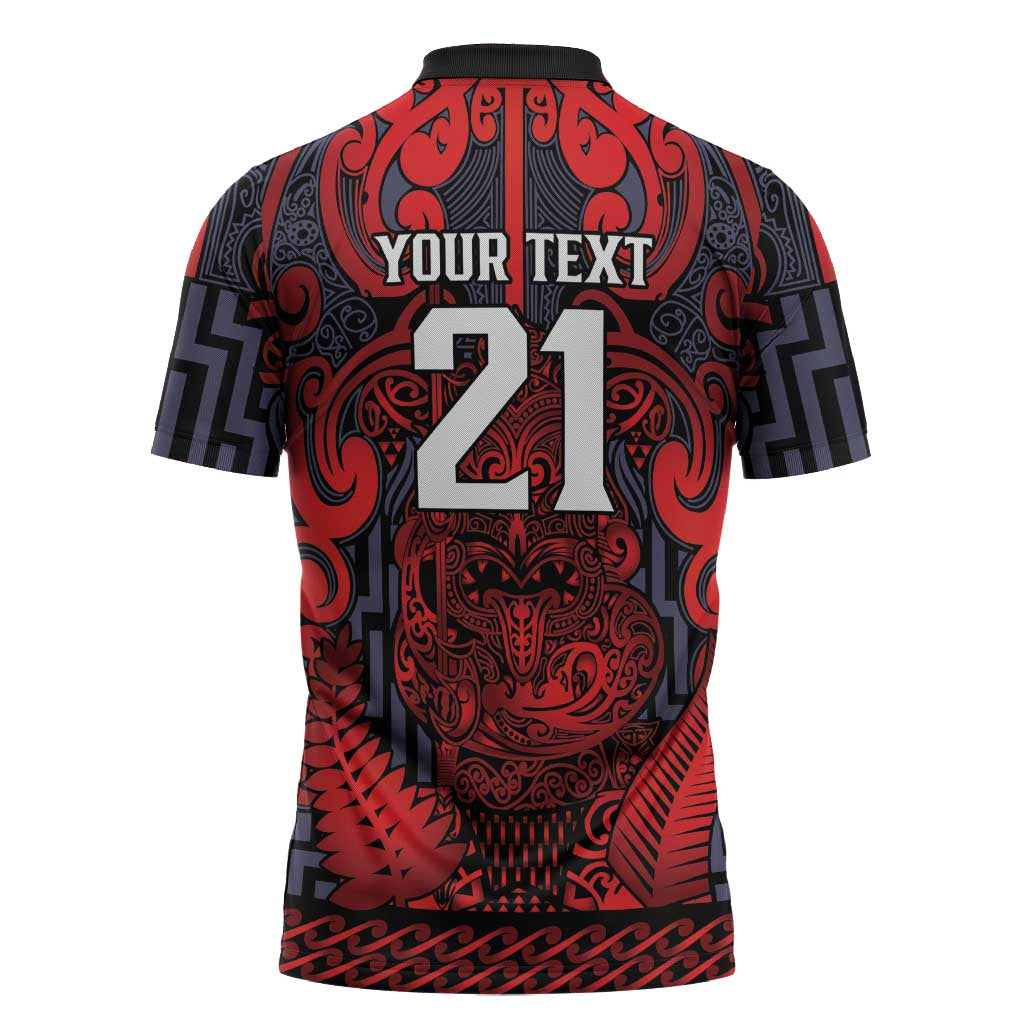 Custom New Zealand Taiaha Maori Zipper Polo Shirt Whero Minimalist Silver Fern Tukutuku Motif