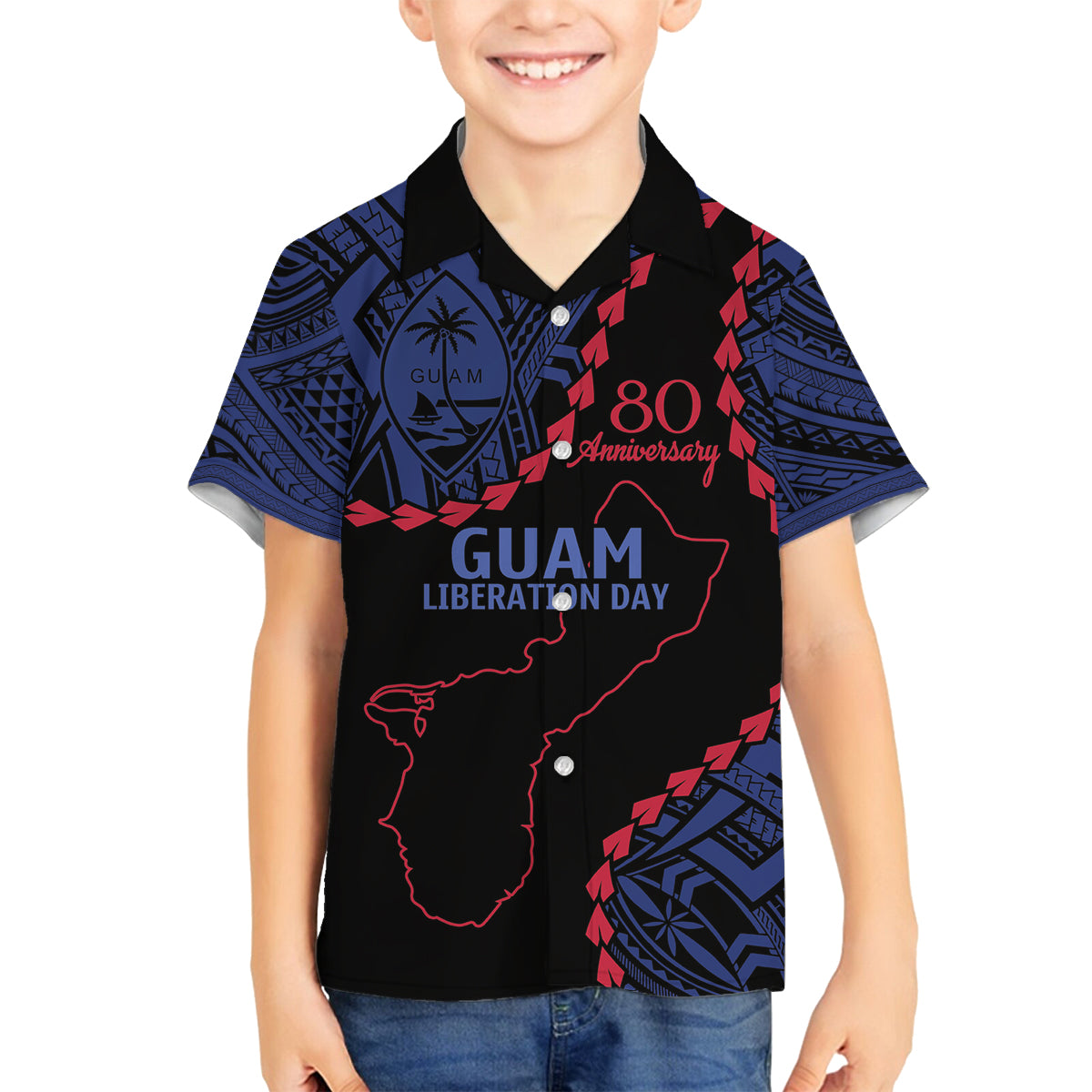 Personalized Guam 80th Anniversary Liberation Day Family Matching Off Shoulder Short Dress and Hawaiian Shirt Guahan Basic Seal
