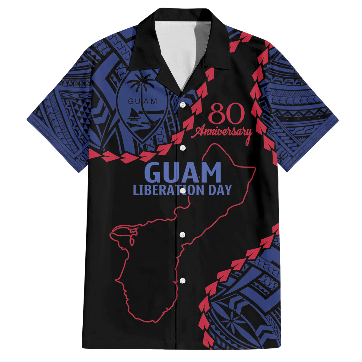 Personalized Guam 80th Anniversary Liberation Day Family Matching Puletasi and Hawaiian Shirt Guahan Basic Seal LT9 Dad's Shirt - Short Sleeve Black - Polynesian Pride